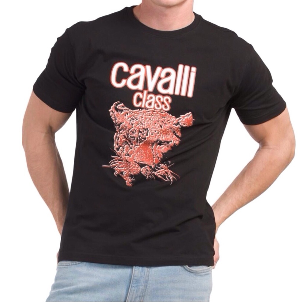 Roberto Cavalli Black Cotton T Shirt With Graphic Leopard Print Size X Large